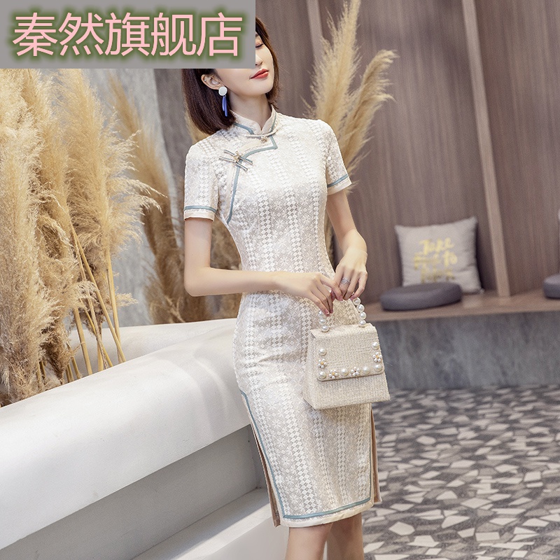 秦然  蕾丝旗袍夏季2022年新款改良年轻款高端复古素雅小个子连衣裙 香槟色(SJT210328) XXL高性价比高么？