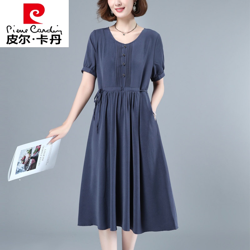 皮尔卡丹品牌轻奢高档女装 女士雪纺连衣裙2022新款夏季抽绳收腰显瘦