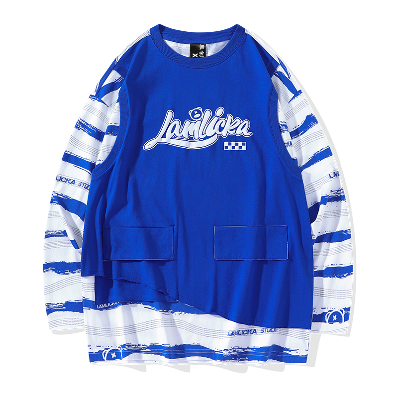 天龙致尊(denon supreme)长袖t恤男女潮牌条纹撞色假两件克莱因蓝休闲