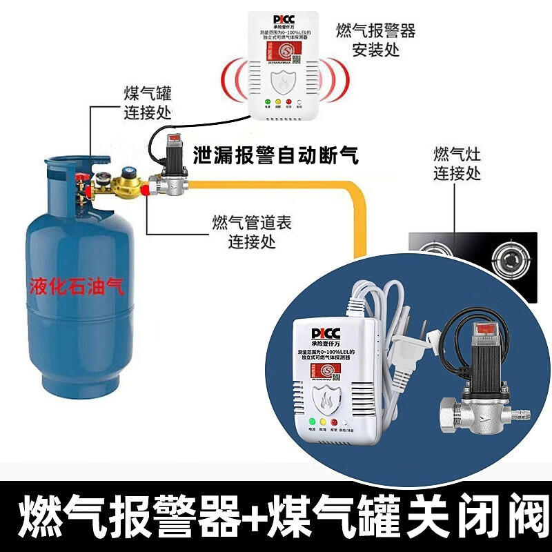 大九卫 消防3C认证 厨房家用煤气液化石油气钢瓶自动断气 燃气报警器饭店罐装煤气检测仪安全阀泄漏关阀 可燃气体探测器+自动关闭阀【普通家用煤气罐】