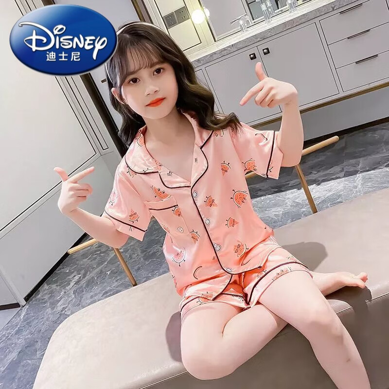 1-14岁小朋友穿的女童短袖冰丝睡衣夏季套装薄款小女孩可爱宝宝小