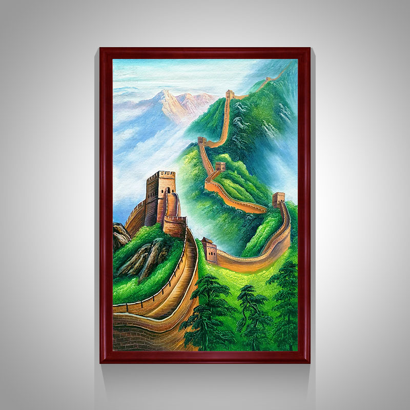 纯手绘油画绿色万里长城画竖版玄关装饰画欧式别墅复式客厅背景墙挂画