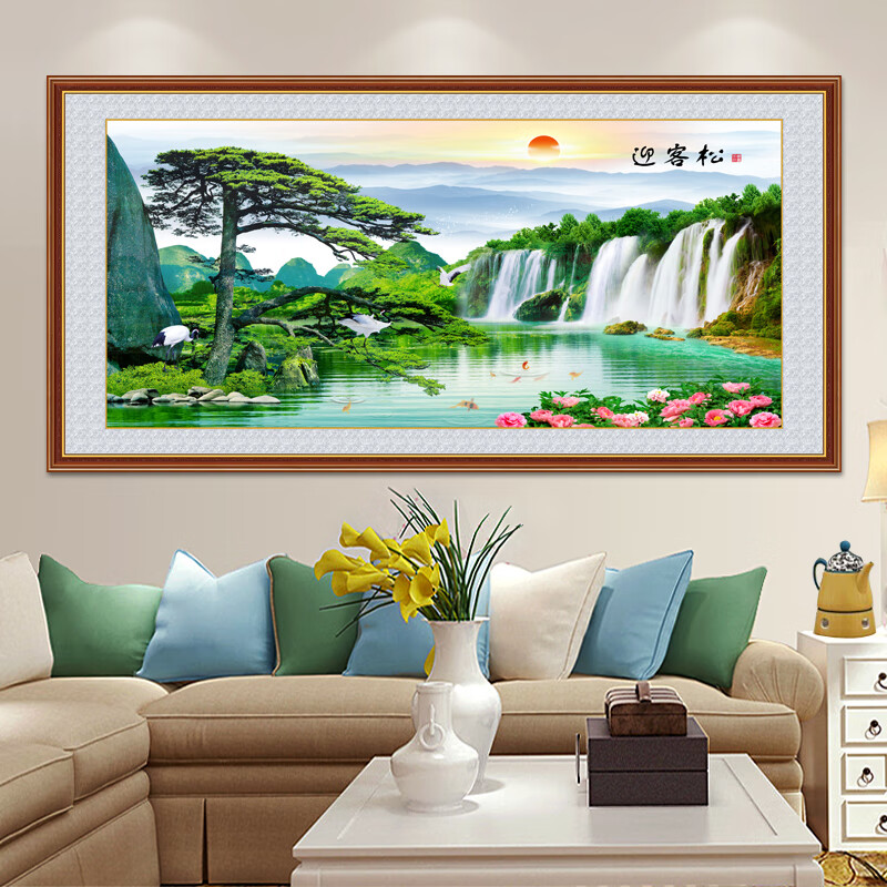 背景墙贴画新中式牌匾自粘壁画办公室大气迎客松 卡其色 106迎客松画