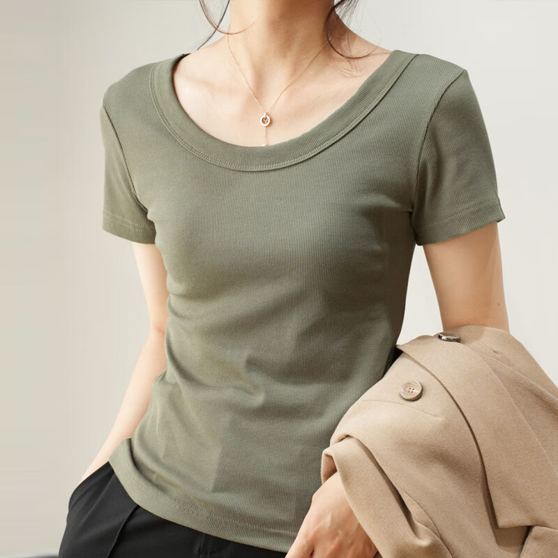凯姿瑜牛仔裤搭配的紧身上衣女夏款棉质u领t恤女短袖夏季新款宽松显瘦