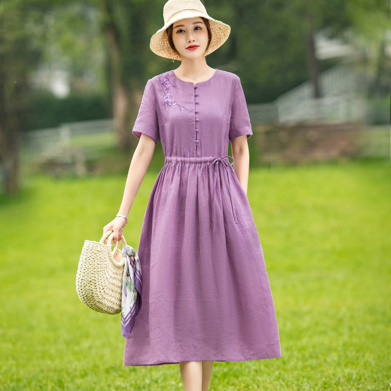 素订棉麻女装官方素素 高端棉麻连衣裙2022夏季新款刺绣文艺气质显瘦
