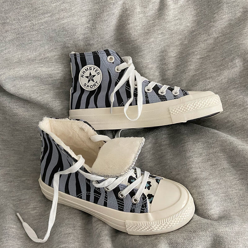 百搭二棉鞋斑马加绒高帮帆布鞋女2023冬季百搭板鞋ins潮鞋子 高帮斑马