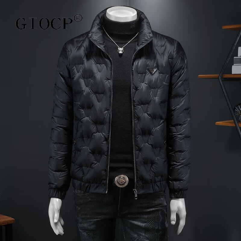 GIOCP香港潮牌男士羽绒服冬季新款立领潮流修身字母印花短款加厚外套男 黑色 M