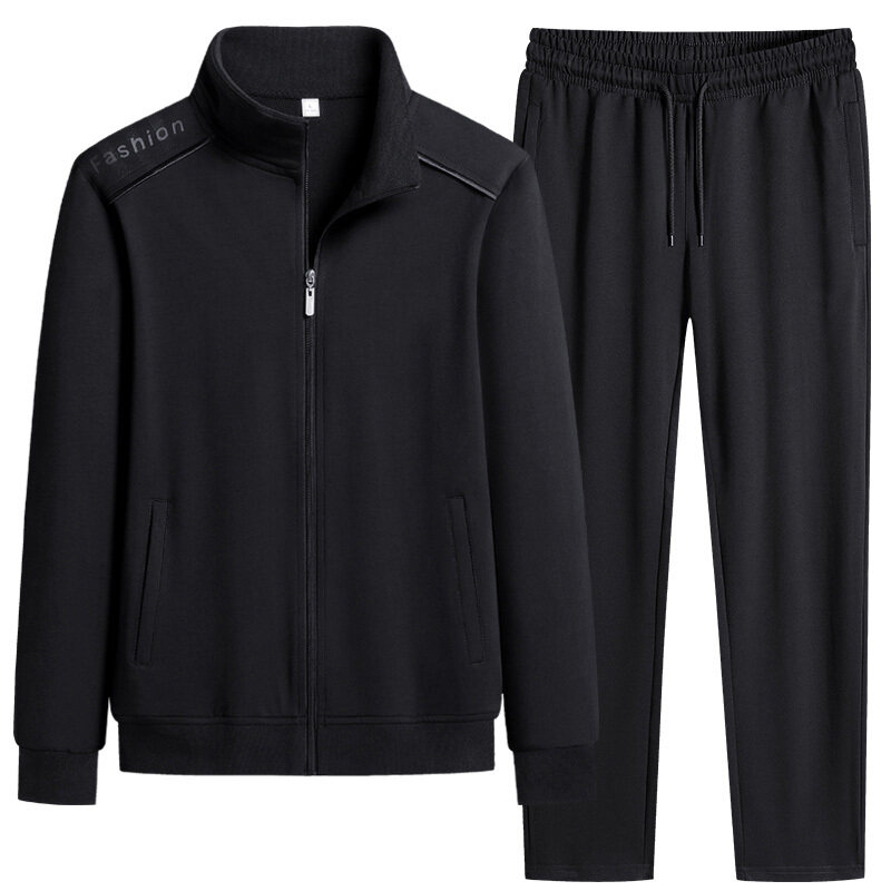 棉休闲大码套装男秋季新款长袖长裤两件套运动装 黑色 M