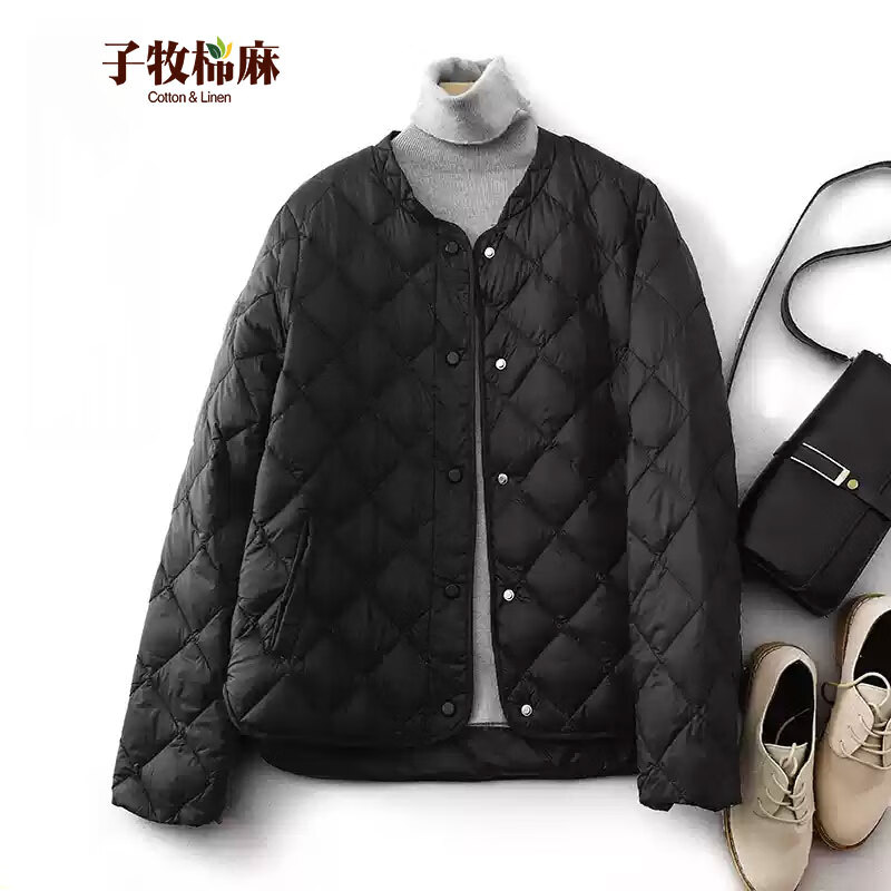 子牧棉麻秋冬装 女轻薄款棉服圆领短款时尚菱形格外套1508 黑色 M (建议95-115斤)
