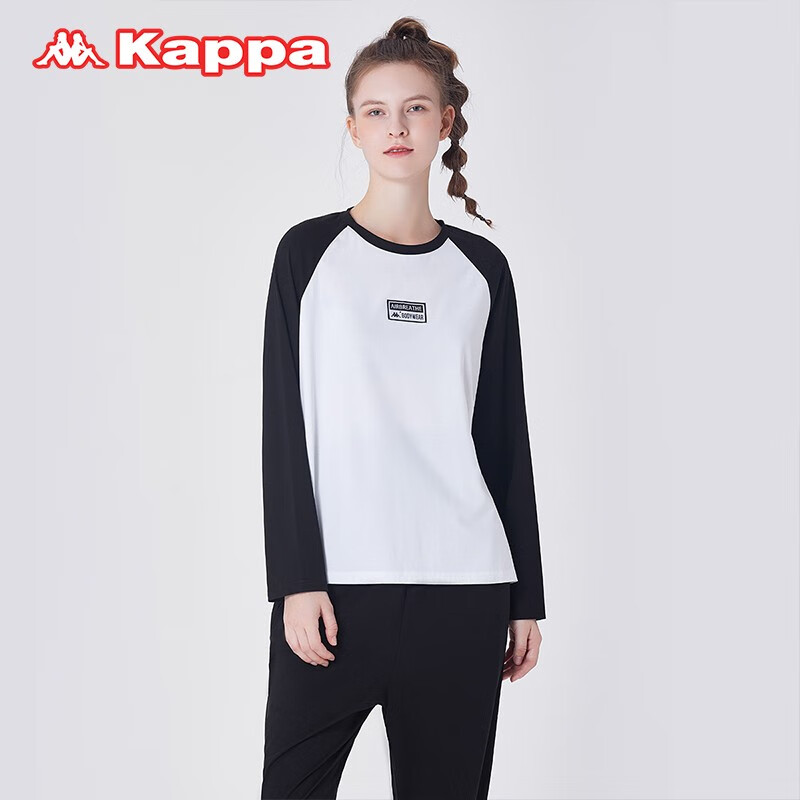 KAPPA卡帕女士睡衣女棉长袖套装时尚拼接套头大码宽松外出家居服女 黑白 L 建议(105-120斤)
