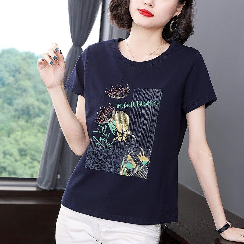 悠扉岚夏天中年妇女短袖汗衫t恤女夏宽松夏装t1血小个子短款花色上衣