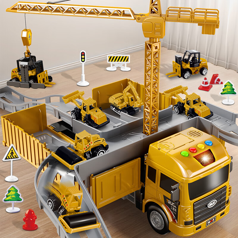 儿童玩具男孩塔吊工程车弹射轨道合金小车收纳货柜3-6岁生日礼物 工程