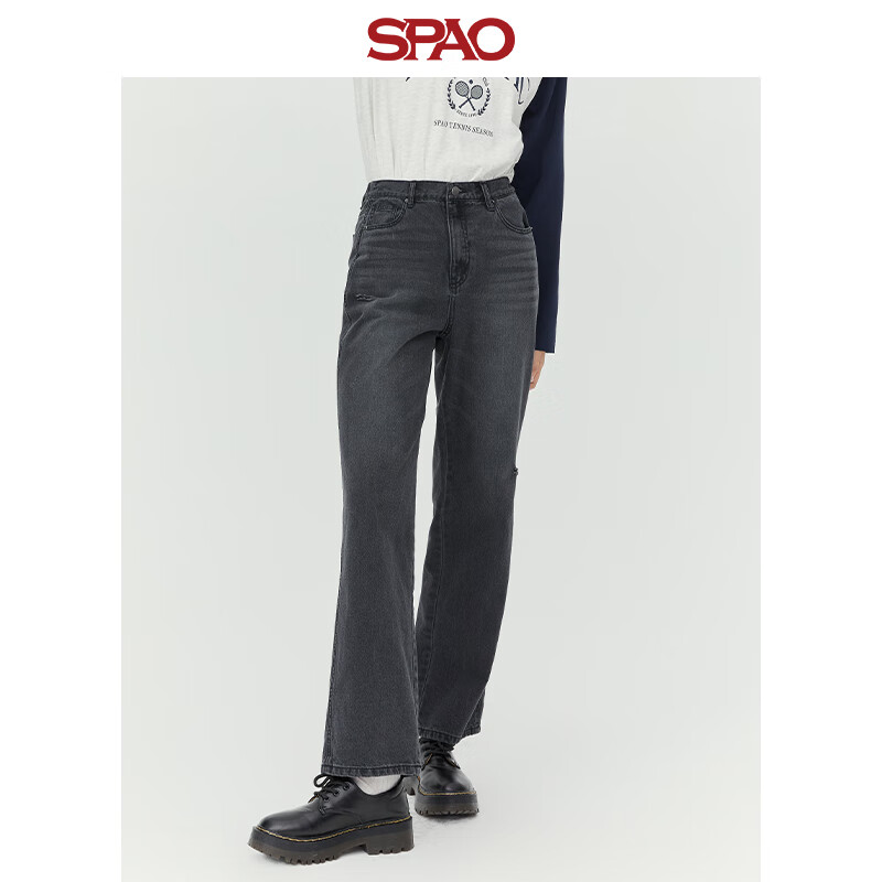 spao【super denim】spao女士2023春季磨白破洞直筒牛仔裤sptjd23p61