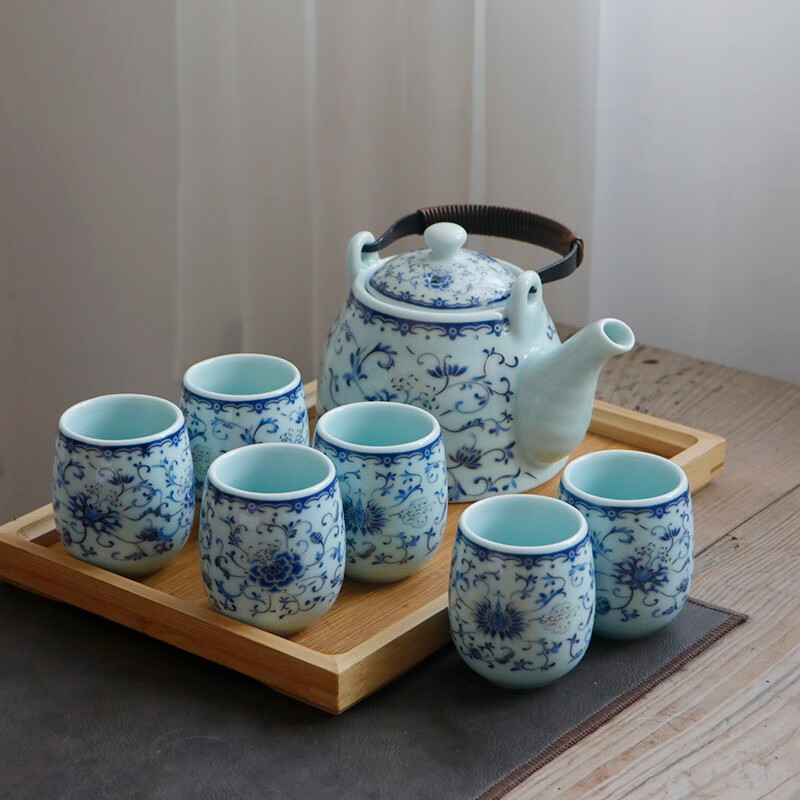 古笙記影青瓷提梁壺茶具套裝家用整套景德鎮(zhèn)陶瓷茶壺茶杯中式大號帶過濾 佛手蓮花（竹托盤配置）