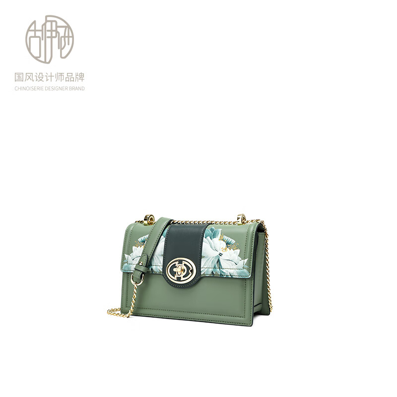 古伊西女包新款中国风优雅绣花小方包牛皮链条包母亲节生日礼物实用大气 青瓷+送礼品袋+代写贺卡