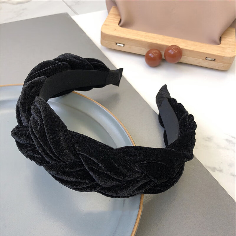 明星同款温柔法式复古气质秋冬款百搭麻花丝绒发箍宽边造型发卡 黑色