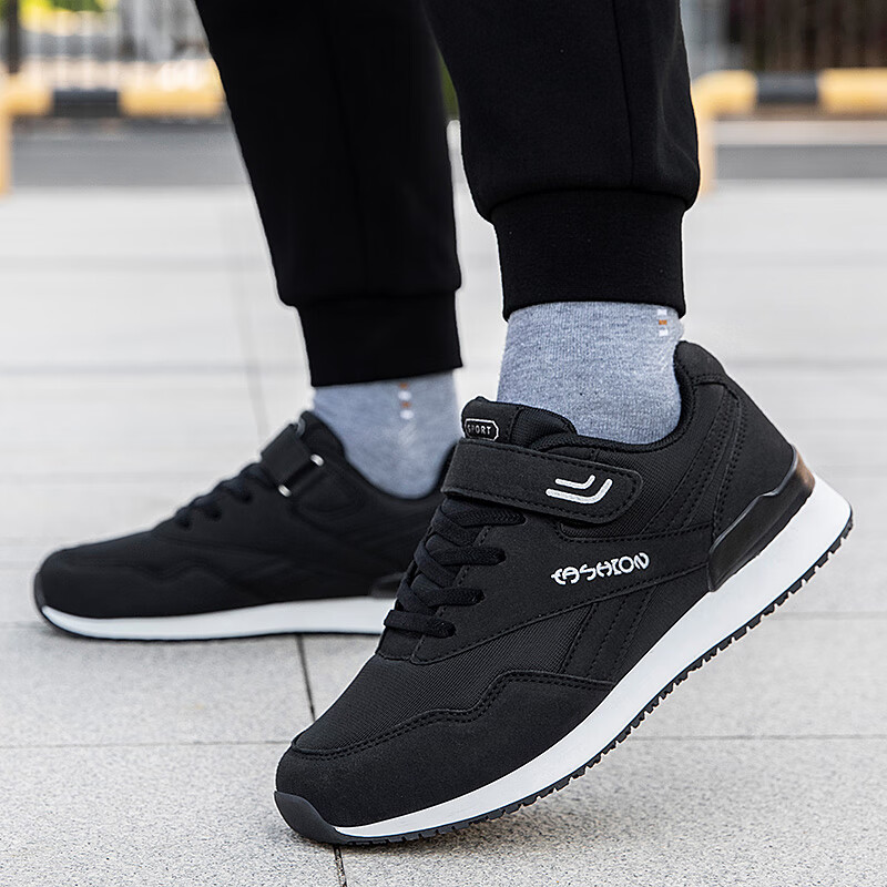 吊带兔老人鞋男秋冬季防滑软底爸爸鞋中老年休闲运动鞋女网面透气妈妈鞋 1800黑色男款 35