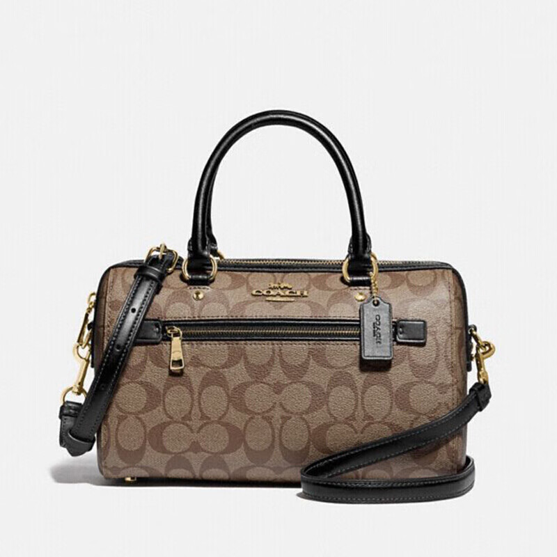 蔻驰  女士中号波士顿包手提肩背斜挎浅棕黑边pvc f83607 imcbi 卡其&