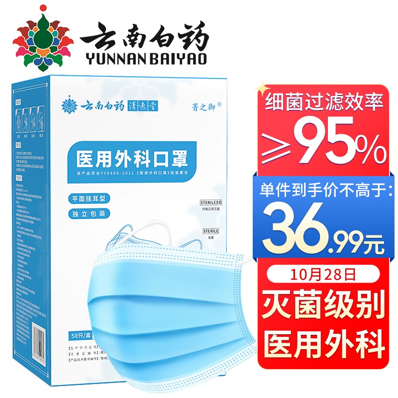 京东口罩榜单：云南白药医用外科口罩50只价格走势