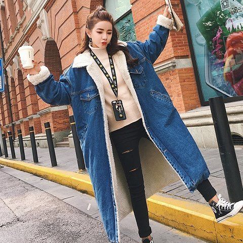 恺吉锐冬季新款宽松牛仔棉衣女中长款羊羔毛外套加厚风衣休闲棉大衣s