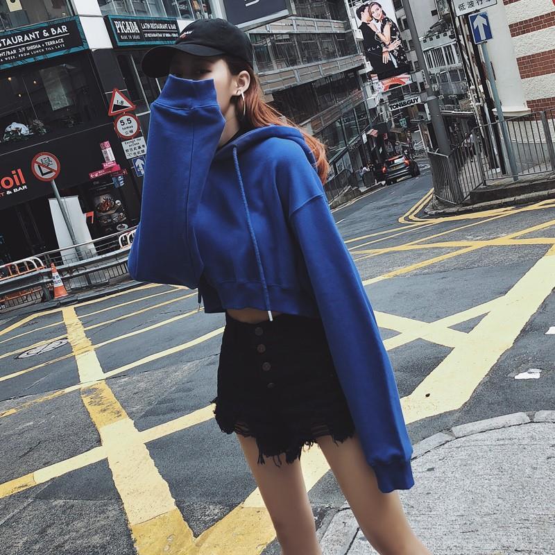 骄拓懒人卫衣高腰露脐长袖短款时尚薄卫衣女学生秋季薄款慵懒风潮牌松