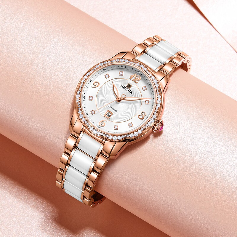 依波（EBOHR）蝶恋花系列女士石英表轻奢优雅生日礼物镶锆钻防水手表送七夕礼物 陶瓷钢带【皮带礼盒】56270129