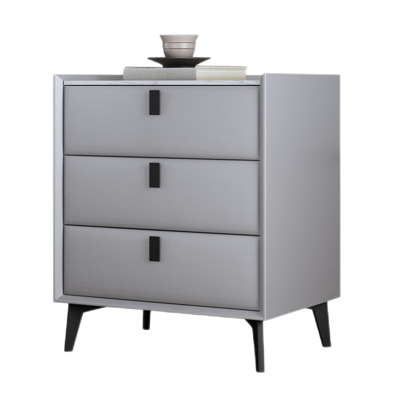 曼莎佳人床头柜现代简约实木岩板三层抽屉 皮柜储物柜 床边柜轻奢床头柜 【浅灰色】长45CM宽40CM高61CM 45*40*61cm