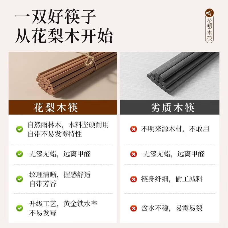 双枪(Suncha)非洲进口花梨木筷2024新款家用木筷子无漆无蜡原木筷实木筷 【活动款】花梨木筷10双装