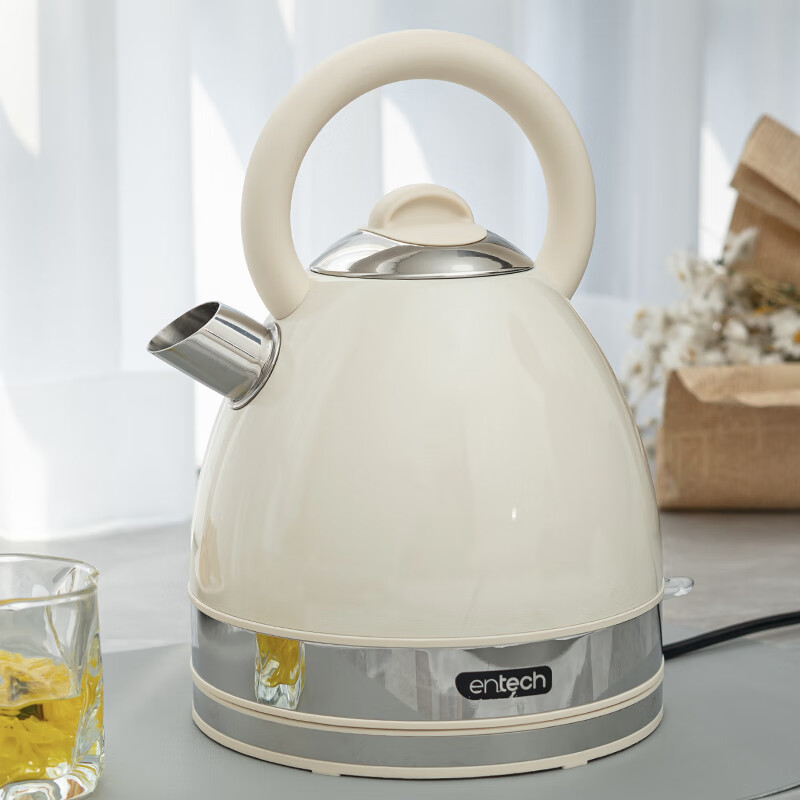 一特（EnTech）英伦复古1800W快速烧水壶家用高颜值高端电热水壶大容量分体式加厚304不锈钢电烧水自动断电防干烧 1.7L 线上款-奶油白（无水窗）