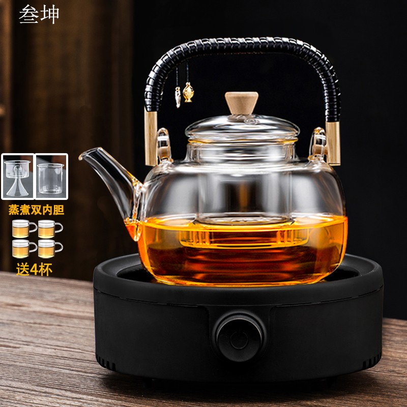 叁坤 全玻璃煮茶器加厚耐高温烧水泡茶壶提梁蒸茶壶茶具套装自动保温