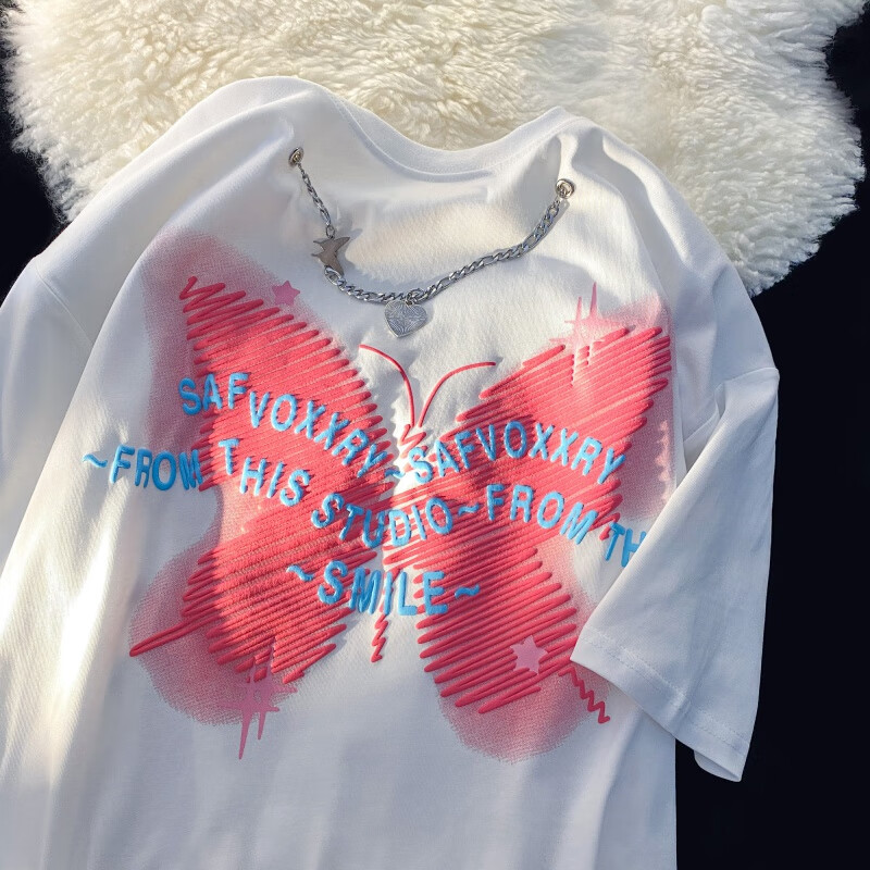 2022新款粉色项链短袖T恤女夏宽松小众设计感ins潮牌上衣 白色 (宽松偏大) S