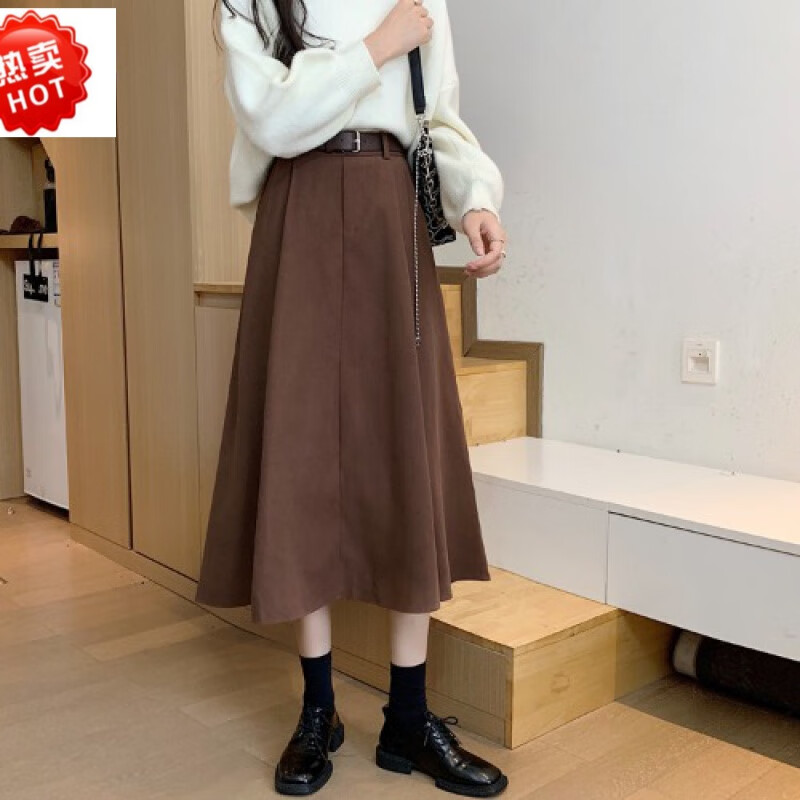 裙子秋季款2021新款女设计感小众小个子高腰中长款百褶裙新款 咖啡色