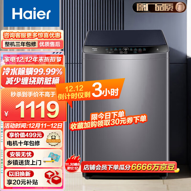 海尔(Haier) 波轮洗衣机全自动家电 以旧换新  内衣除螨洗 脱水机 10公斤大容量 原厂品质 100M32Mate1