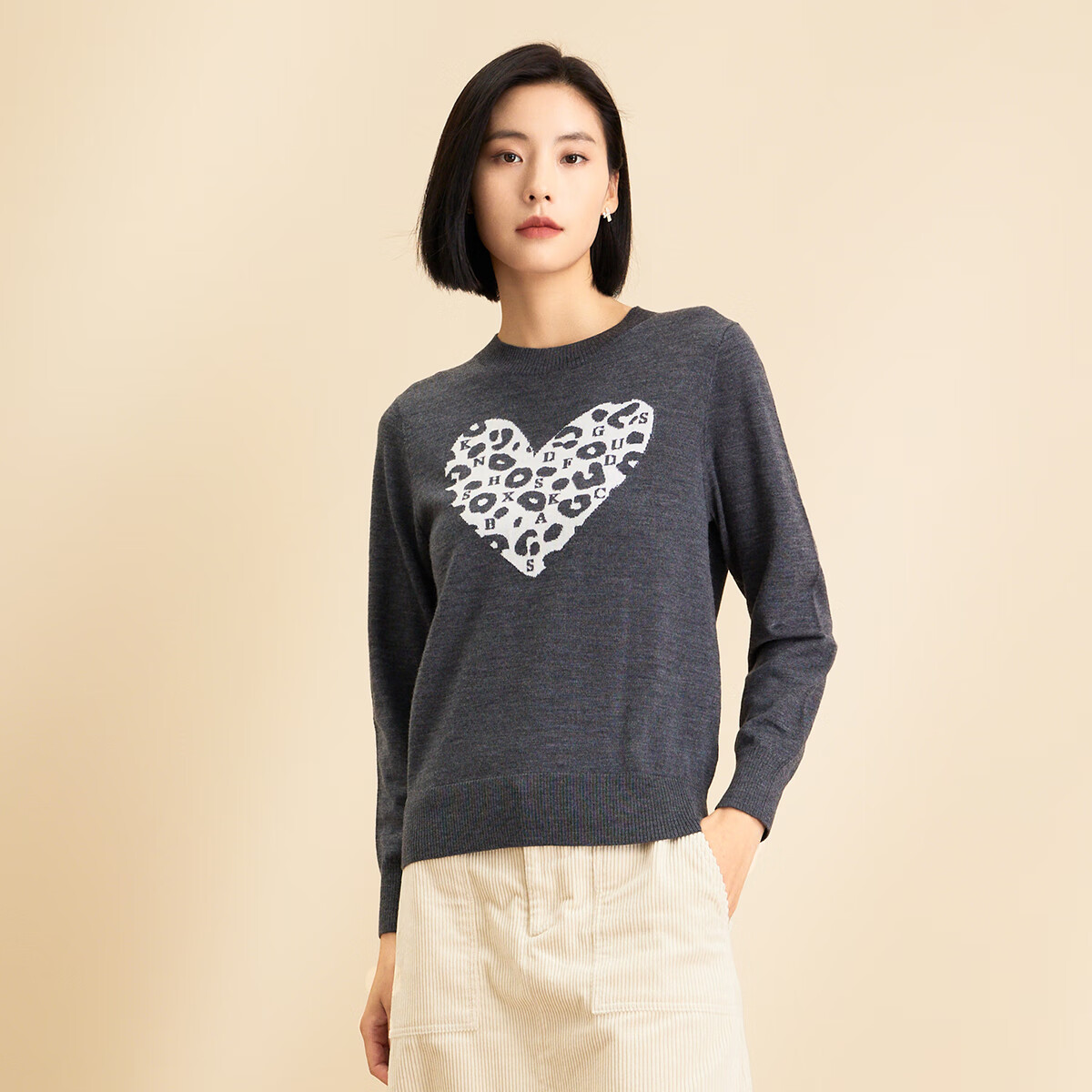 春竹圆领毛衣女100%纯羊毛爱心提花打底衫长袖保暖针织衫羊毛衫女 深