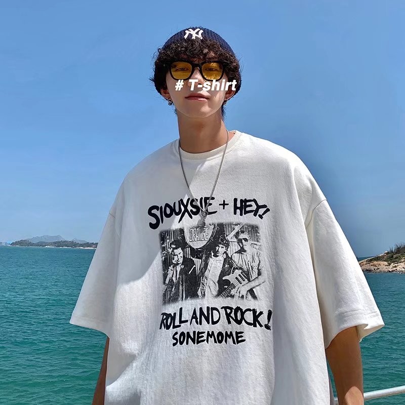 胖子印花短袖t恤男生夏季大码宽松嘻哈5分袖体恤 白色 m