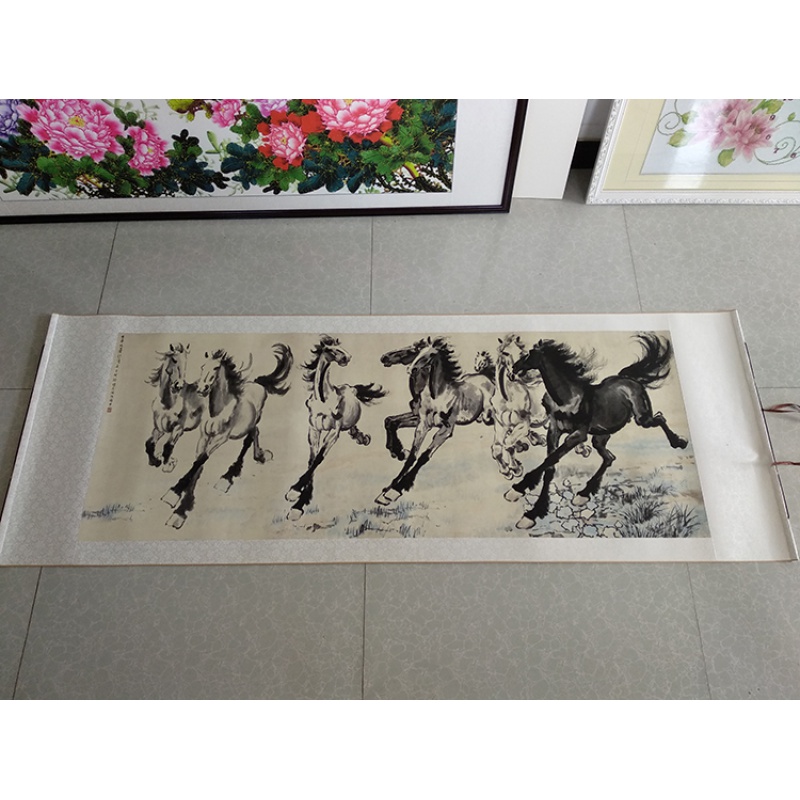 八骏图水墨 徐悲鸿八骏图国画马水墨画艺术微喷高清复制画客厅办公室