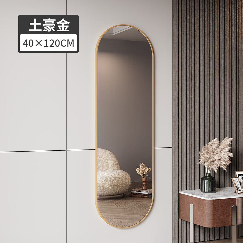 化妆镜挂墙家用贴墙自粘穿衣镜立体简约试衣镜ins全身镜 40*120土豪金