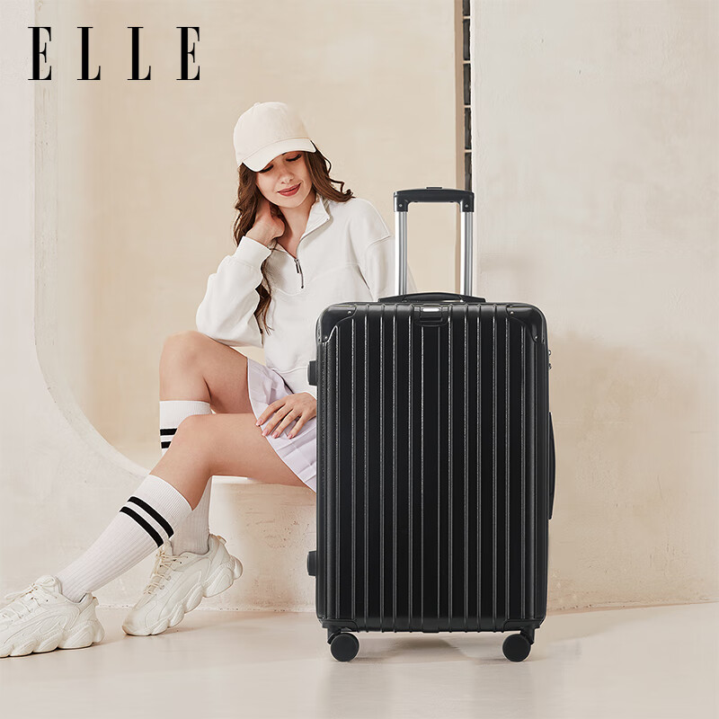 ELLE经典时尚行李箱拉杆箱防刮万向轮女士可登机密码箱大容量运动旅行 经典黑 24英寸 【需托运-三七开】