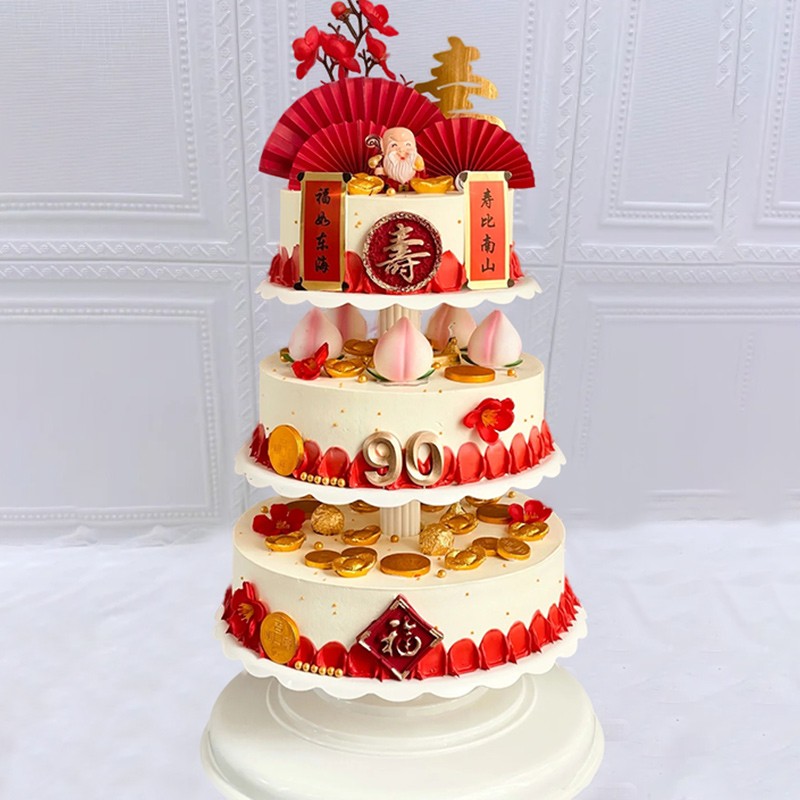 祝寿蛋糕寿桃老人生日蛋糕同城配送当日送达送爸爸妈妈 三层祝寿蛋糕