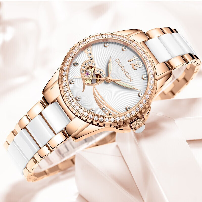 冠琴（GUANQIN）手表女士全自动机械表镂空飞轮型夜光防水陶瓷女表送女友老婆礼物 钢带枚金白面（心型）