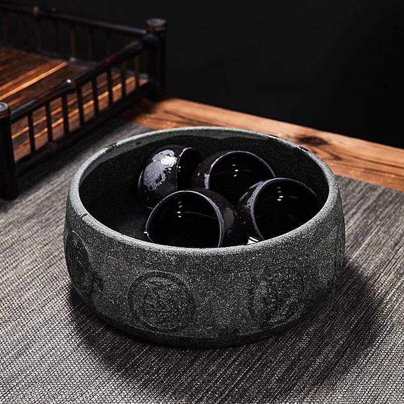 归玉堂青石头茶盂茶洗茶渣缸大号日式禅意功夫茶具配件建水杯洗水洗