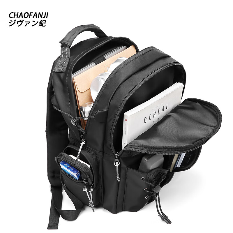CHAOFANJI 日系潮牌双肩包男女款书包旅行背包大容量书包防水电脑包学生包 黑色大号【加购下单送熊猫挂件】