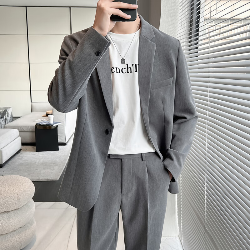 休闲西装男垂感外套潮流痞帅微宽松西服搭配修身西裤一套装潮 灰色
