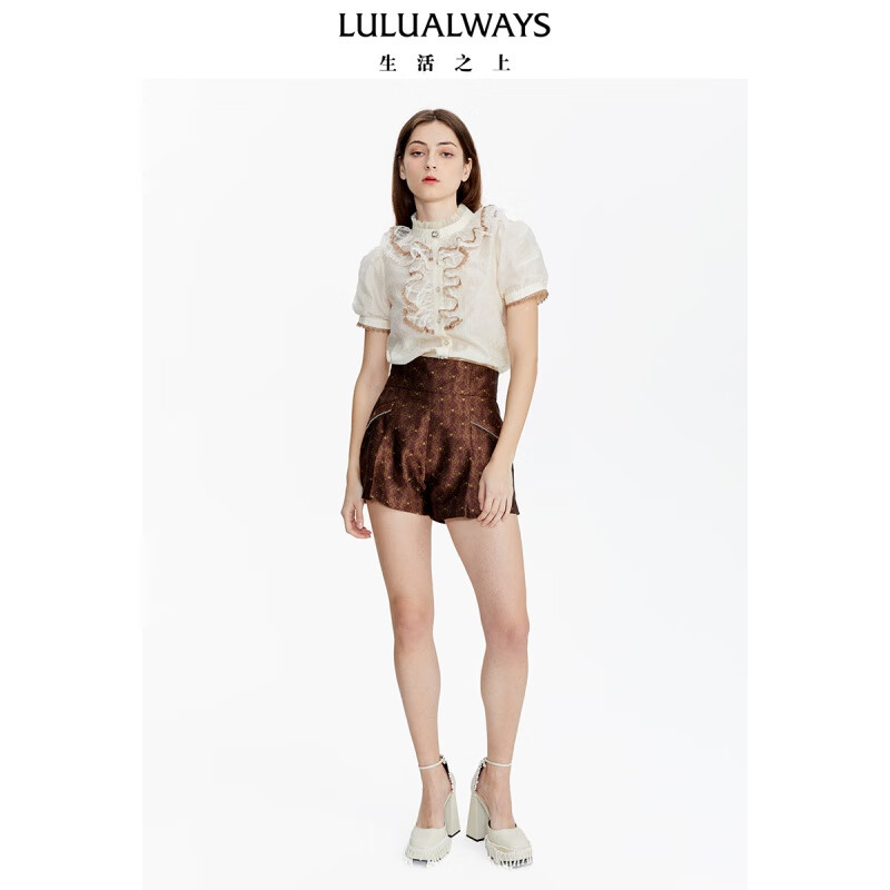 LULUALWAYS夏季新款时尚休闲搭配日常优雅淑女口袋短裤 咖啡色 XL