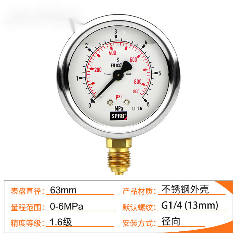 挖掘机压力表测压表液压油表高压低压压力表不锈钢耐震压力表 径向