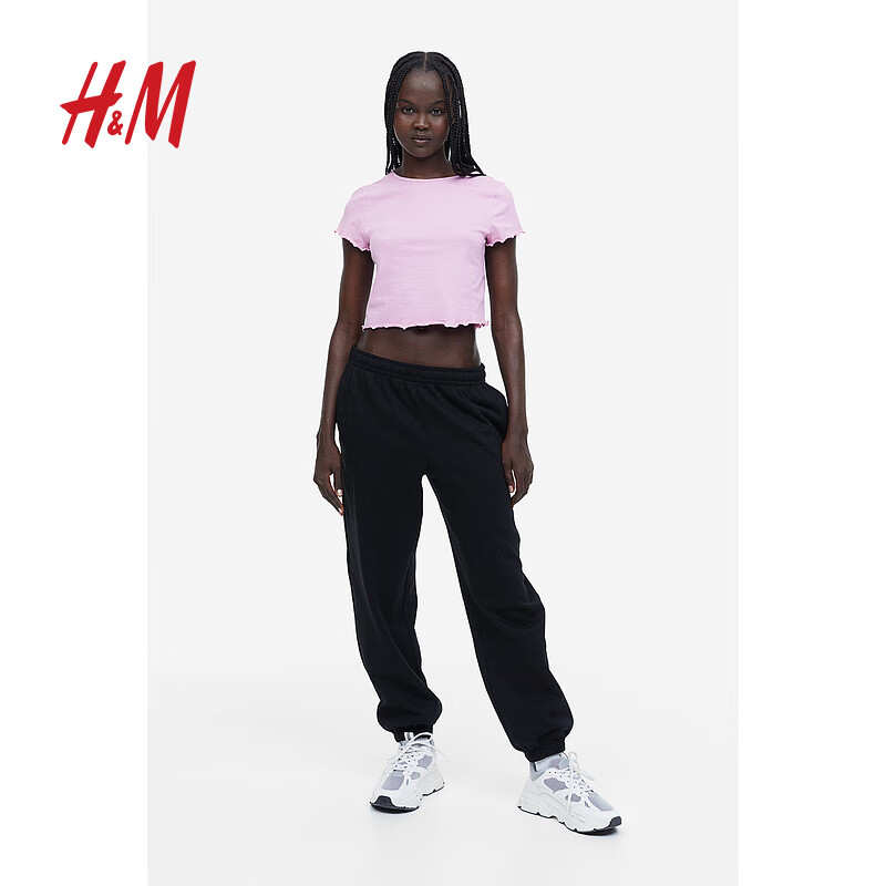 H&M女装T恤夏季新款柔软棉质修身纯色露脐装短款上衣1155396 粉红色 170/104A