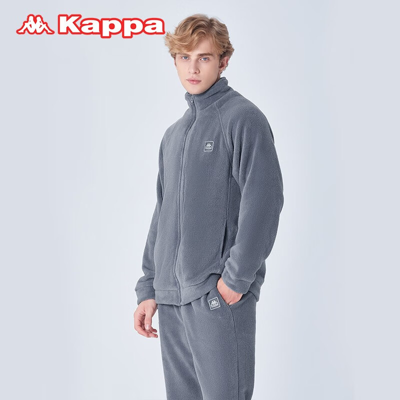 KAPPA卡帕冬季男士睡衣羽丝绒保暖【上衣】立领开衫拉链可外穿加绒家居 灰蓝 L 建议(120-140斤)