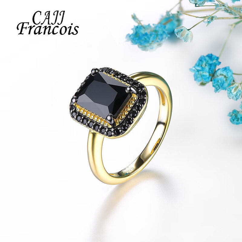 cajj francois黑尖晶戒指女 天然彩宝 珠宝宝石925银镶嵌 13号
