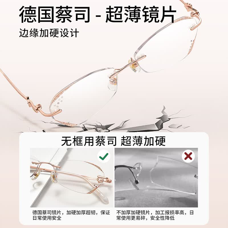 蔡司(ZEISS)纯钛无框眼镜近视女士可配度数防蓝光专业网上配镜超轻无边框镜架 【进口纯钛镜框】ty8381玫瑰金 无度数【蔡司出品视特耐】防蓝光