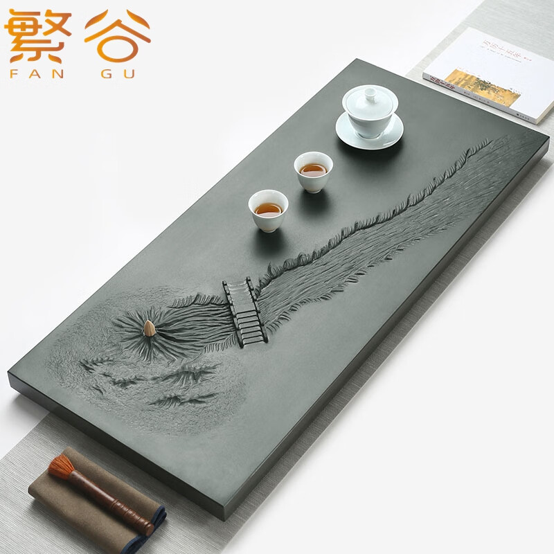 茶盘纯手工雕刻原石茶台家用简约排水功夫茶具托盘 小桥流水60*30*3cm